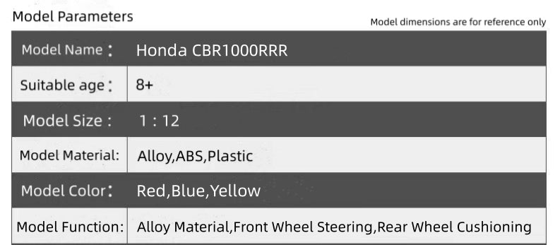 1:12 CBR 1000RR-R Fire Blade Motorcycle Model